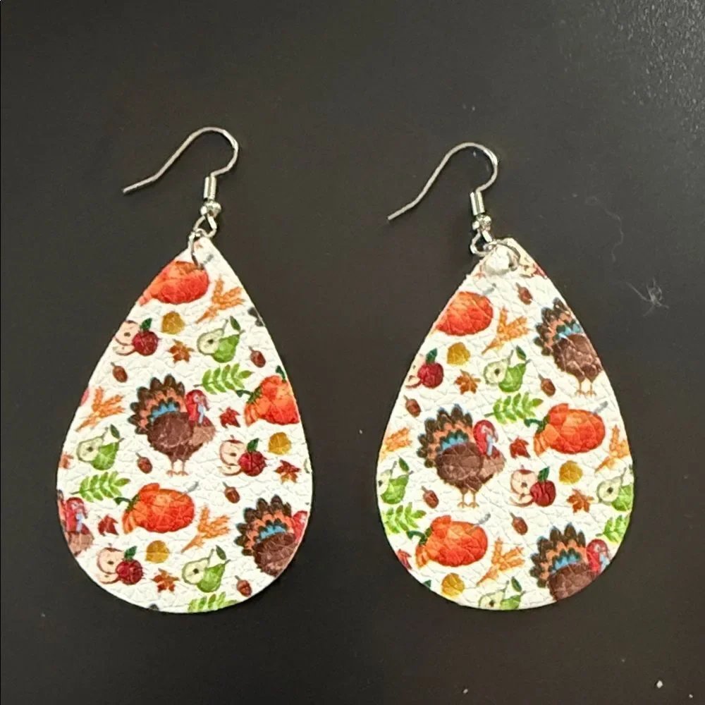 Faux leather Festive Turkey Print Teardrop Earrings